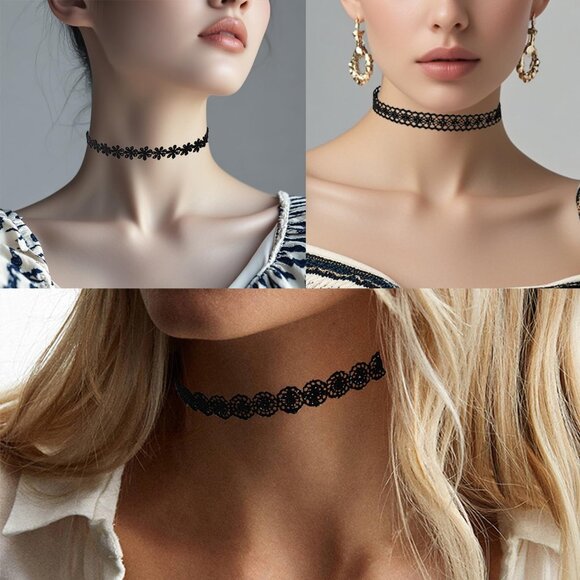 Versatile Black Choker Collection - Gothic Lace & Velvet Necklaces Set - Picture 2 of 3